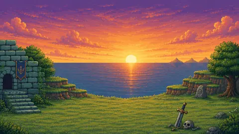Arte de Ancestros en pixel art: ruinas junto al mar al atardecer y una espada clavada