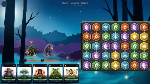 Combate de Itá Verá: tablero de gemas y héroes guaraníes en un monte nocturno