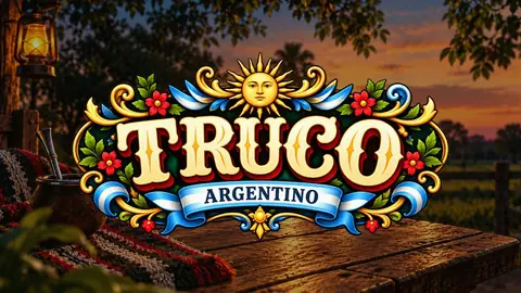 Logo de Truco Argentino con fileteado sobre una mesa de campo con un farol
