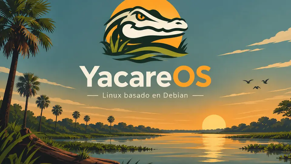 Logo de YacareOS sobre un atardecer en un estero con palmeras